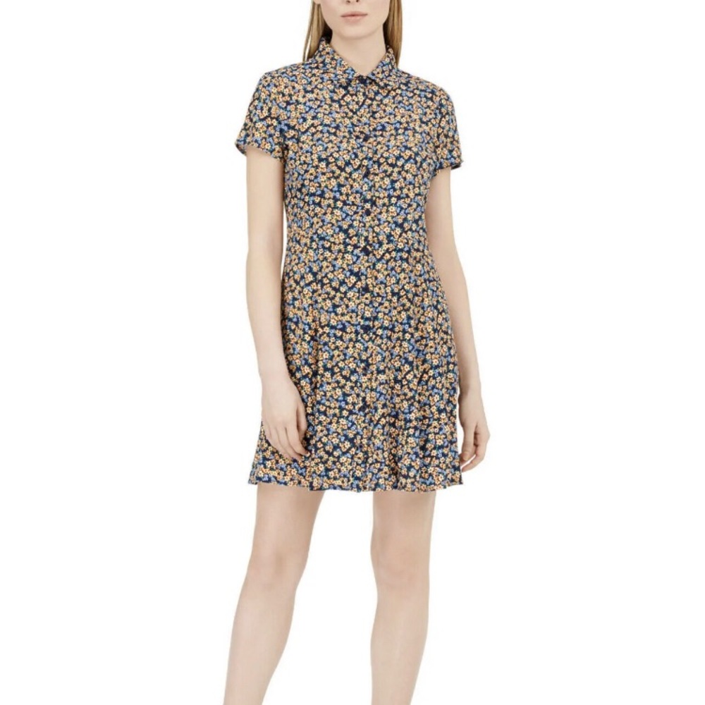 Calvin Klein Jeans Flowered Dress short sleeve button down a-line collared  SZ S